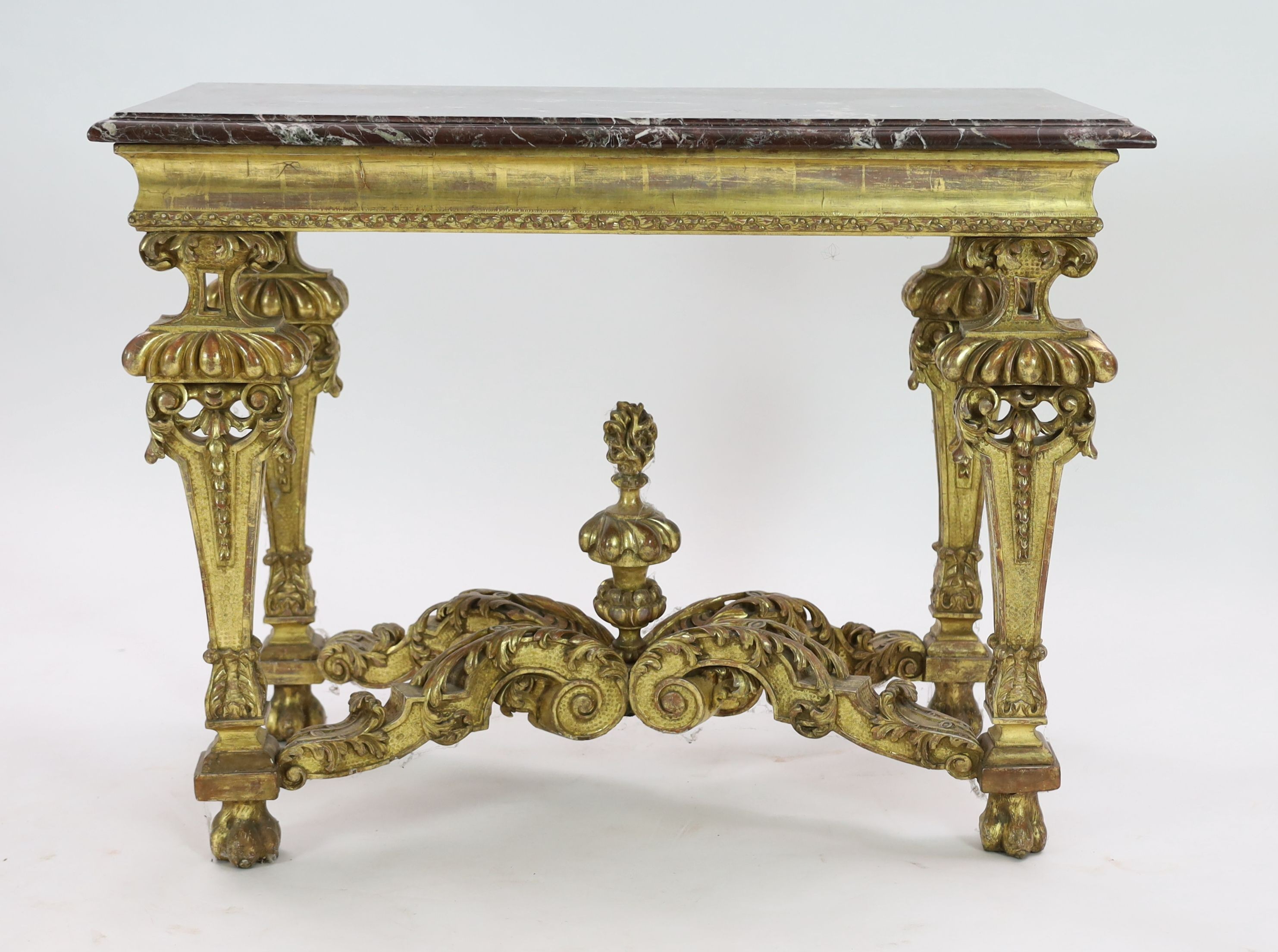 A Louis XIV period carved giltwood console table, W.108cm D.56cm H.82cm